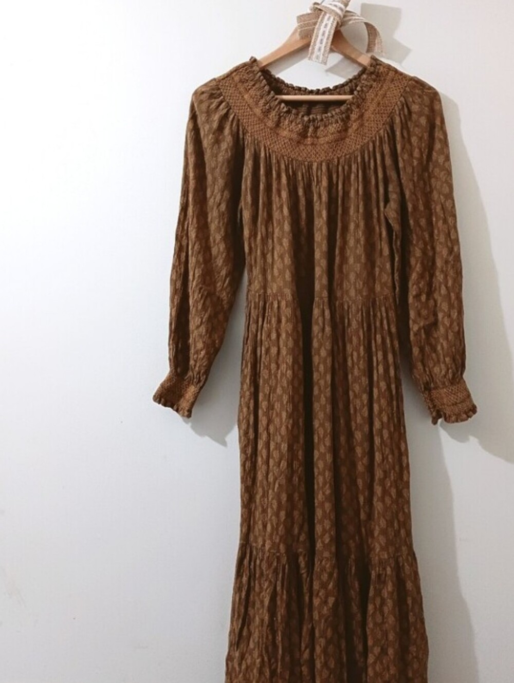 Universal Thread Warm Amber Brown Smocked Balloon Sleeve Peasant Midi Dress XS